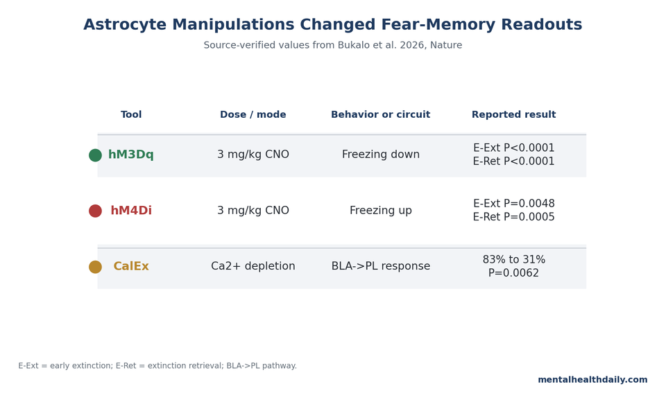 Source-verified chart summarizing hM3Dq, hM4Di, and CalEx fear-memory results from Bukalo 2026.