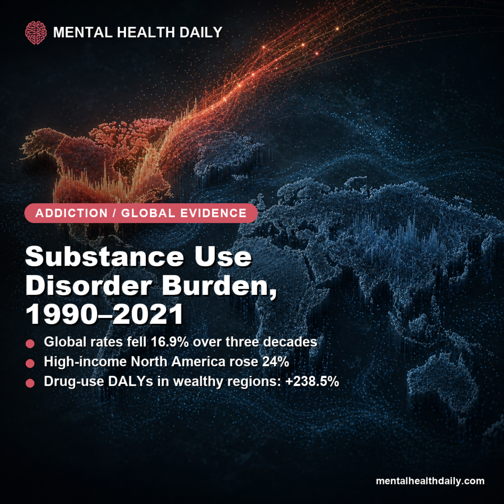 Stylized world map visualization contrasting global decline in substance use disorder rates with rising drug-use burden in high-income North America between 1990 and 2021.
