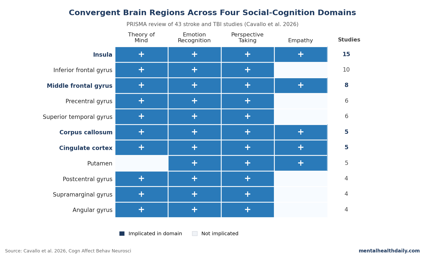Heatmap showing which brain regions are implicated across emotion recognition, Theory of Mind, perspective taking, and empathy in the Cavallo 2026 systematic review of stroke and traumatic brain injury.