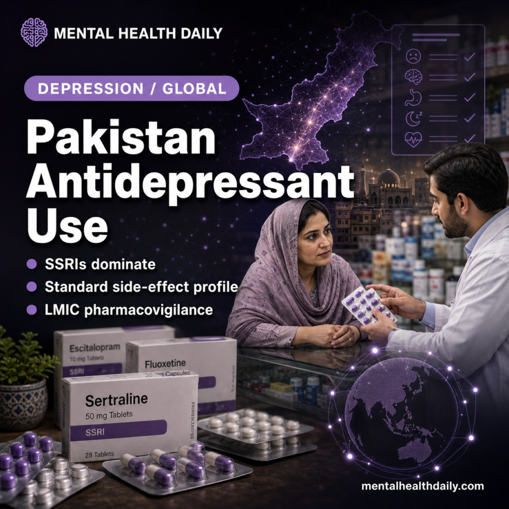 Photoreal illustration of a pharmacist counseling patient on antidepressant medication, conveying global pharmacovigilance.