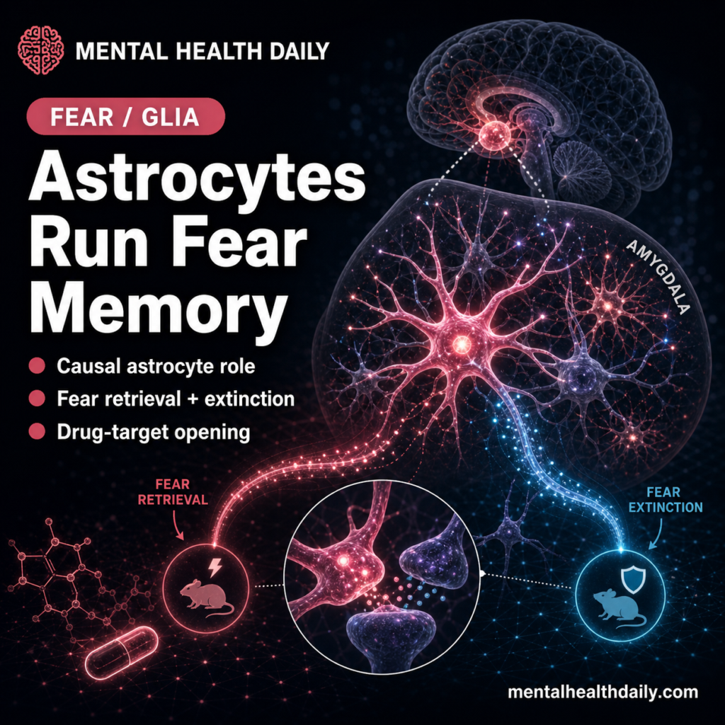 Photoreal illustration of astrocytes interacting with neurons in the amygdala, conveying glial role in fear circuit dynamics.