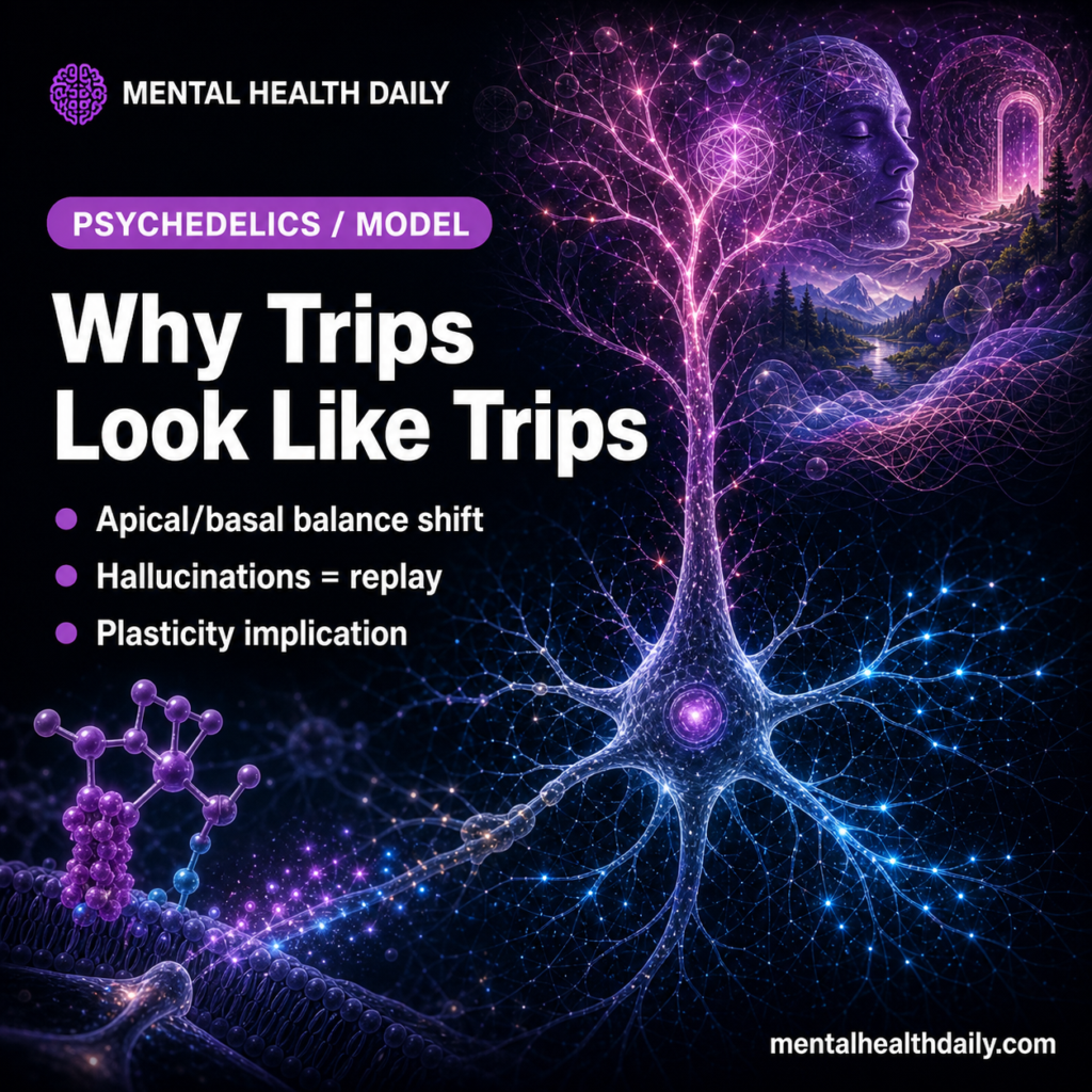 Photoreal illustration of a brain shifting between perception and generative imagery under psychedelic influence.