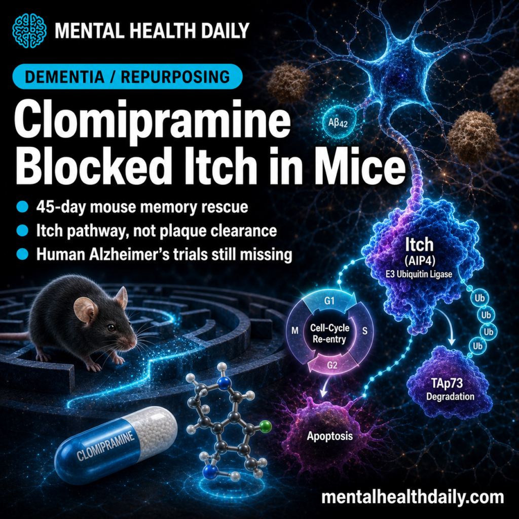Editorial card showing clomipramine, Itch signaling, and Alzheimer's mouse-memory rescue with a molecular neuroscience background.