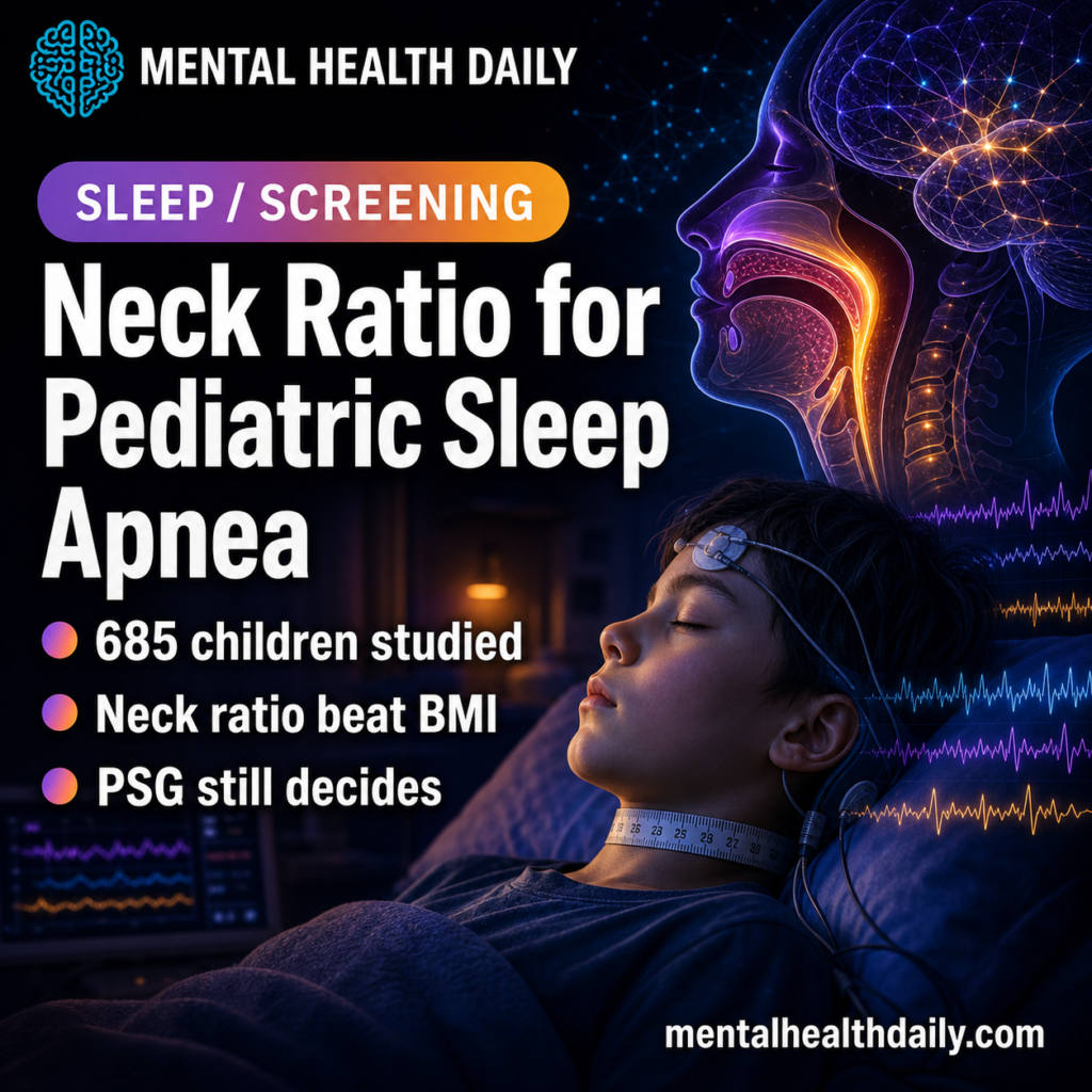 Editorial medical card showing pediatric sleep apnea screening with neck measurement, PSG waveforms, and airway anatomy.