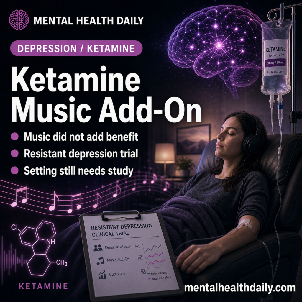 MHD featured image for ketamine psychotherapy, treatment-resistant depression, music, and psychedelic-like treatment context.
