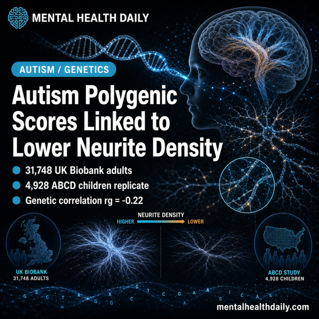 Editorial card showing diffusion-MRI cortical microstructure overlaid on a polygenic-score schematic, illustrating the association between autism PGS and reduced neurite density.