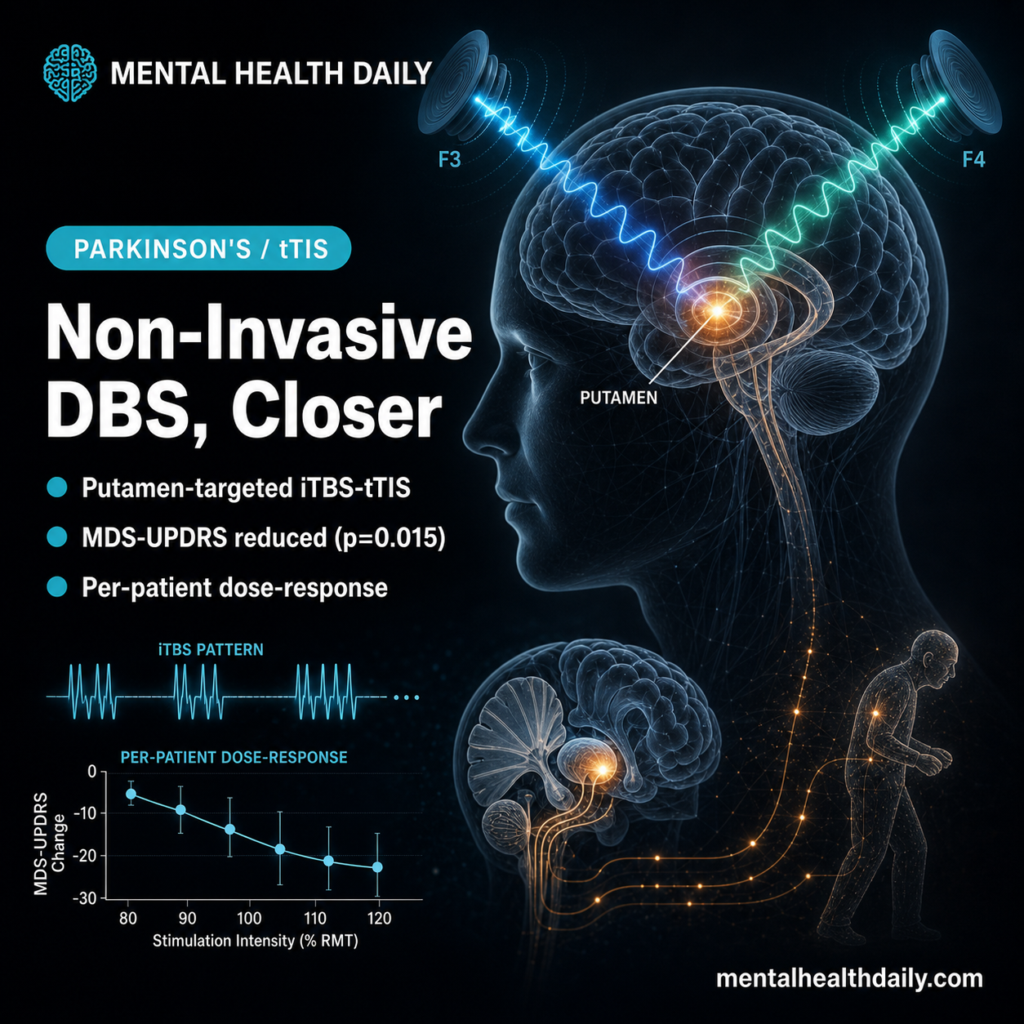 Photoreal illustration of two interfering electric fields converging at deep brain regions, conveying non-invasive deep stimulation in Parkinson's.