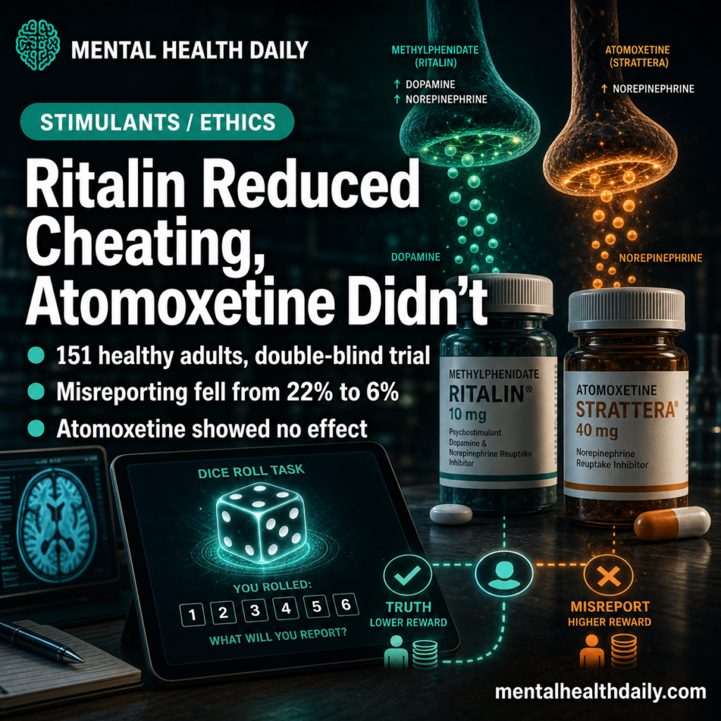 Editorial card showing methylphenidate molecular structure beside a die-rolling task, illustrating a counterintuitive randomized-trial result.