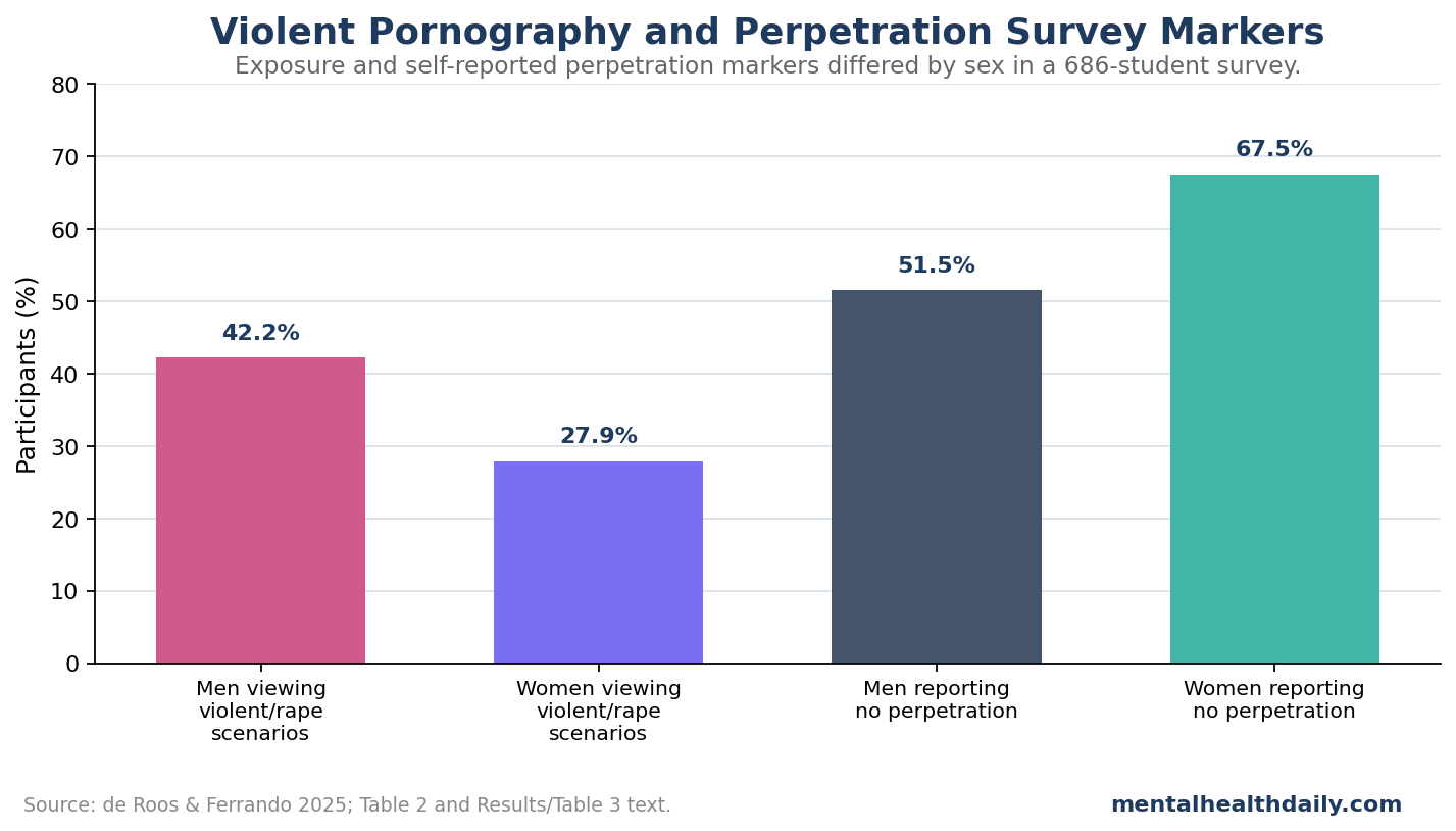 Bar chart showing violent pornography exposure and sexual aggression survey markers among Dutch university students.