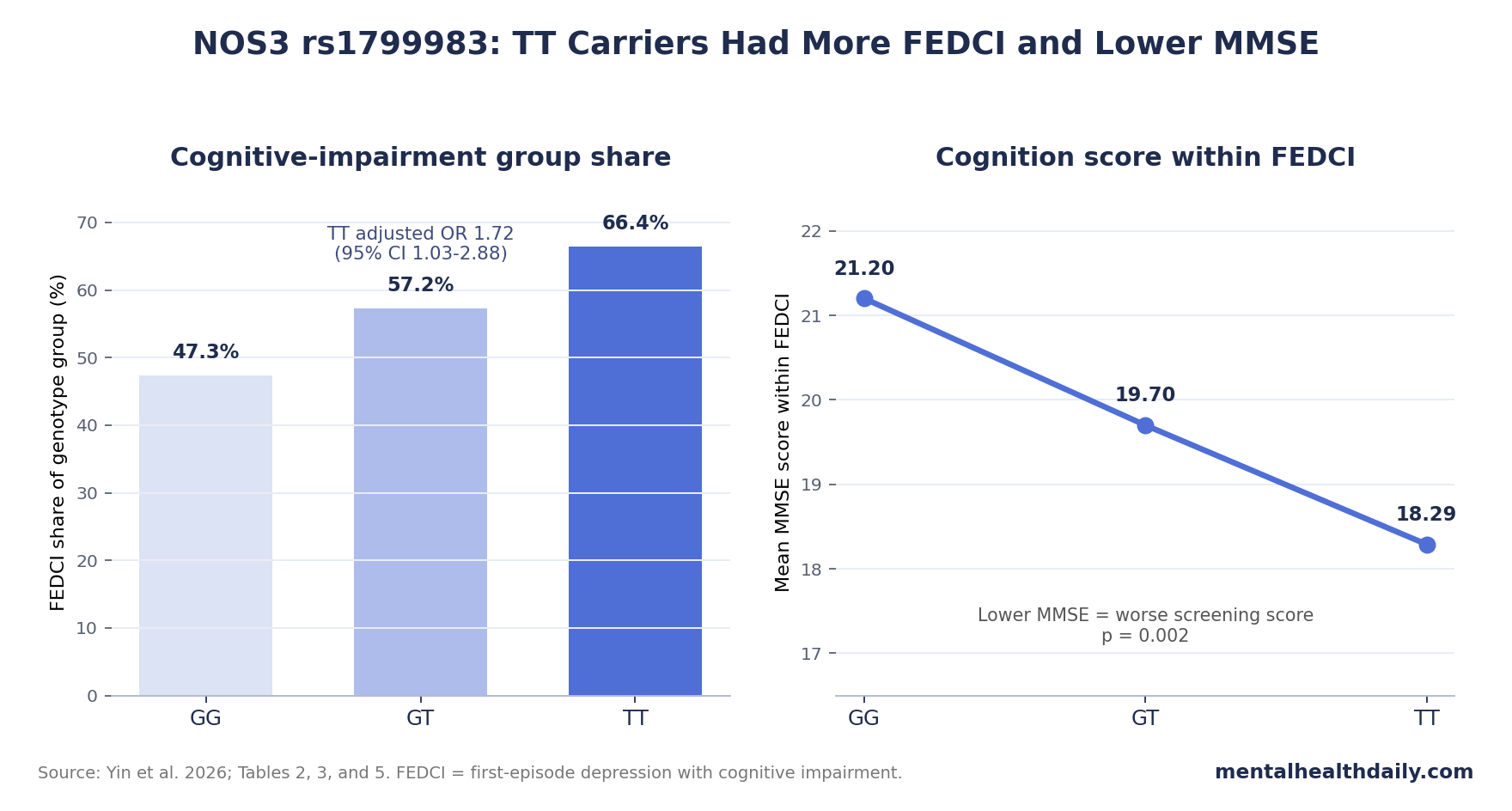 Chart showing higher FEDCI share and lower MMSE scores among NOS3 rs1799983 TT carriers