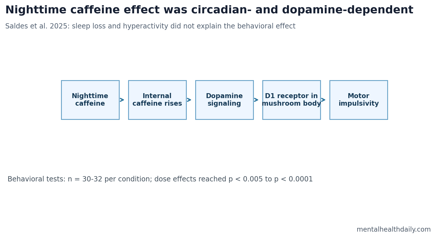 Pathway schematic showing nighttime caffeine, dopamine signaling, D1 receptor involvement, and motor impulsivity