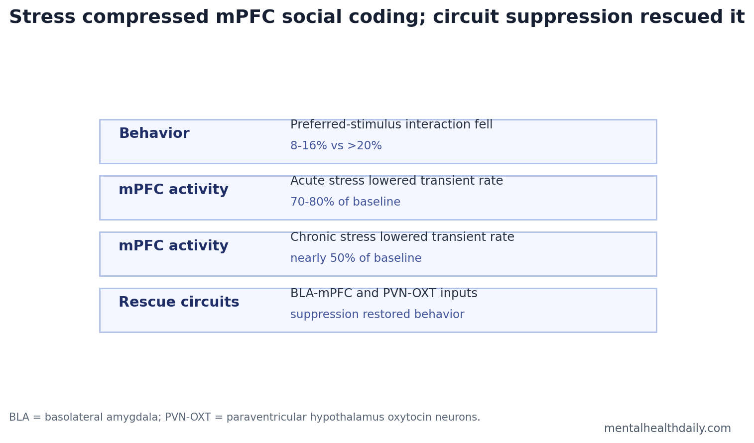 Chart showing stress-induced mPFC hypoactivity and circuit rescue targets