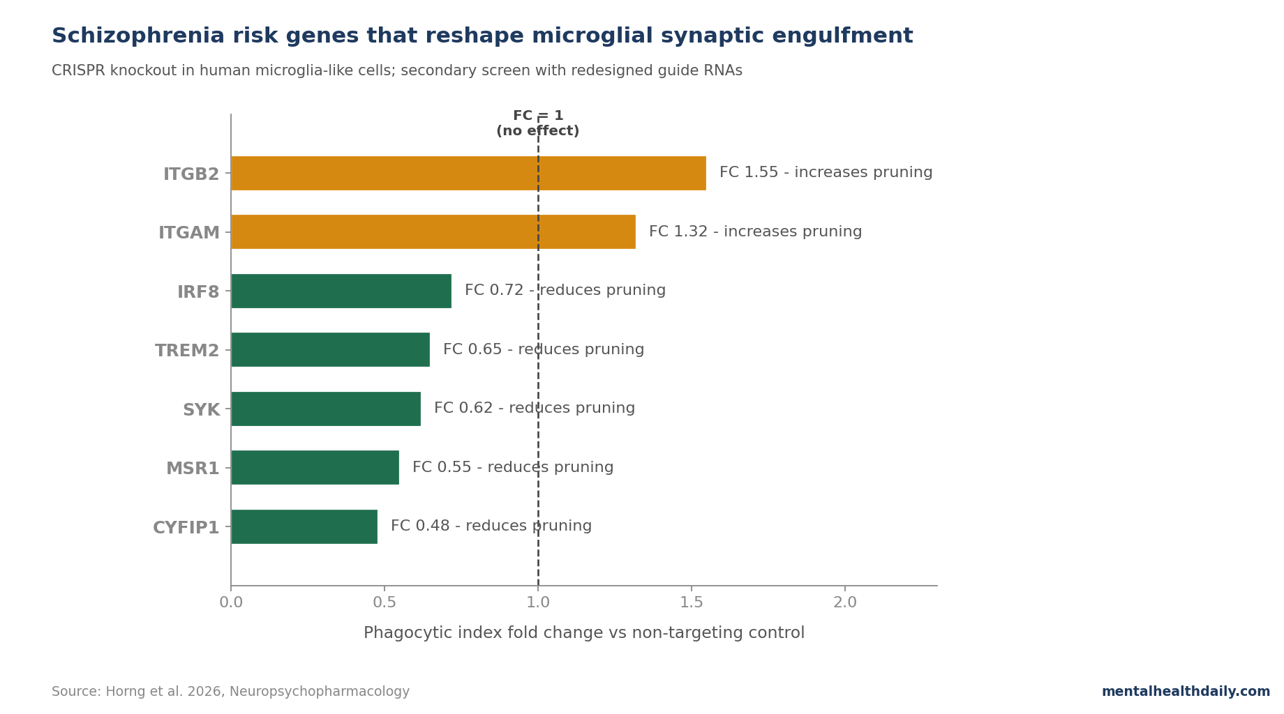 Bar chart of phagocytic index fold-change for selected schizophrenia risk genes after CRISPR knockout in human microglia-like cells. ITGB2 and ITGAM knockout increased phagocytosis. MSR1 and CYFIP1 knockout decreased it. TREM2, SYK, and IRF8 produced moderate decreases. Data from Horng et al. 2026.