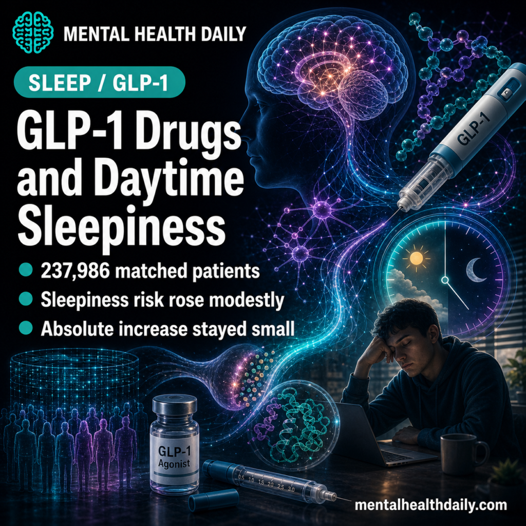 Stylized illustration of a GLP-1 injection pen alongside a yawning silhouette and a clock representing daytime sleepiness, illustrating the cohort finding that GLP-1 receptor agonists modestly increase hypersomnolence.