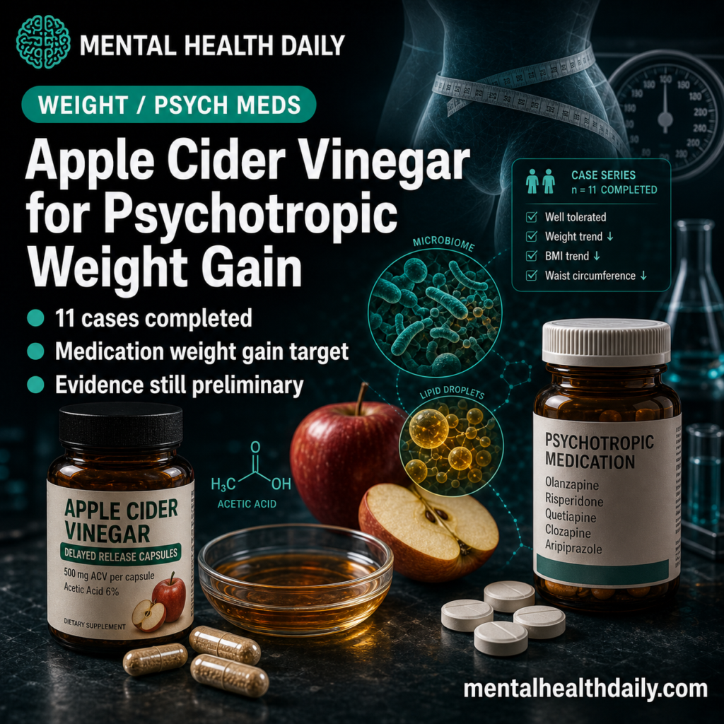 MHD featured image for apple cider vinegar capsules, psychotropic weight gain, metabolic side effects, and gut microbiome changes.