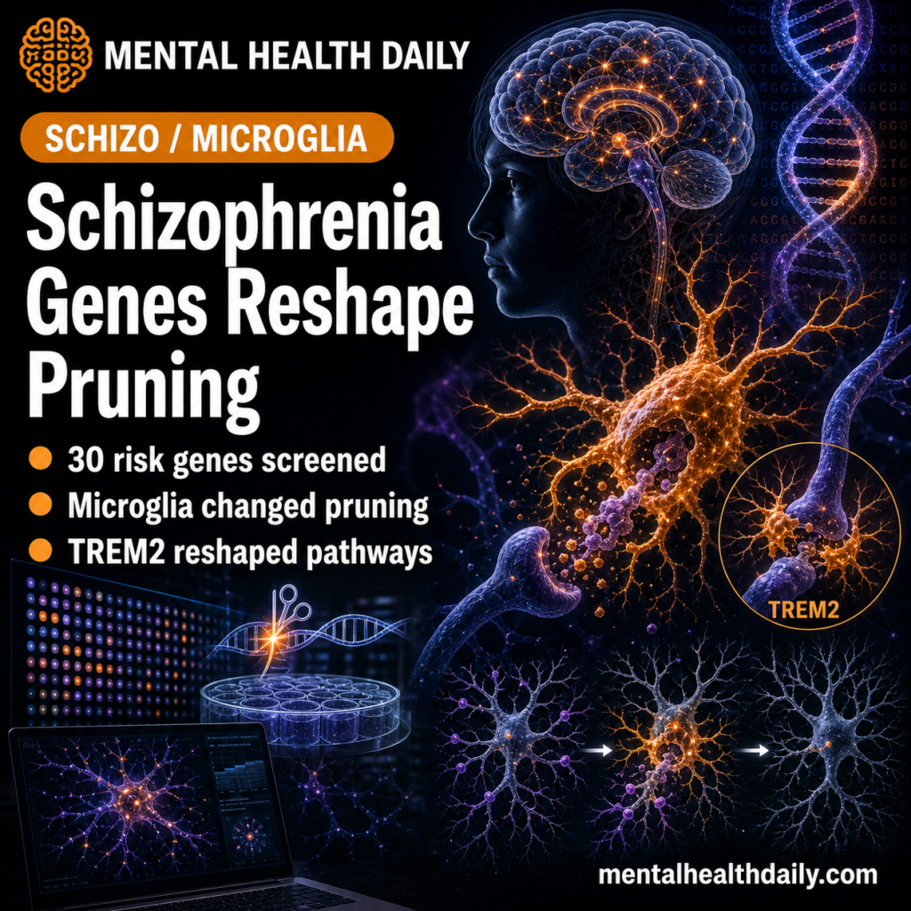 Stylized microglial cell engulfing synaptic material with CRISPR gene-editing elements, representing schizophrenia risk genes altering synaptic pruning.
