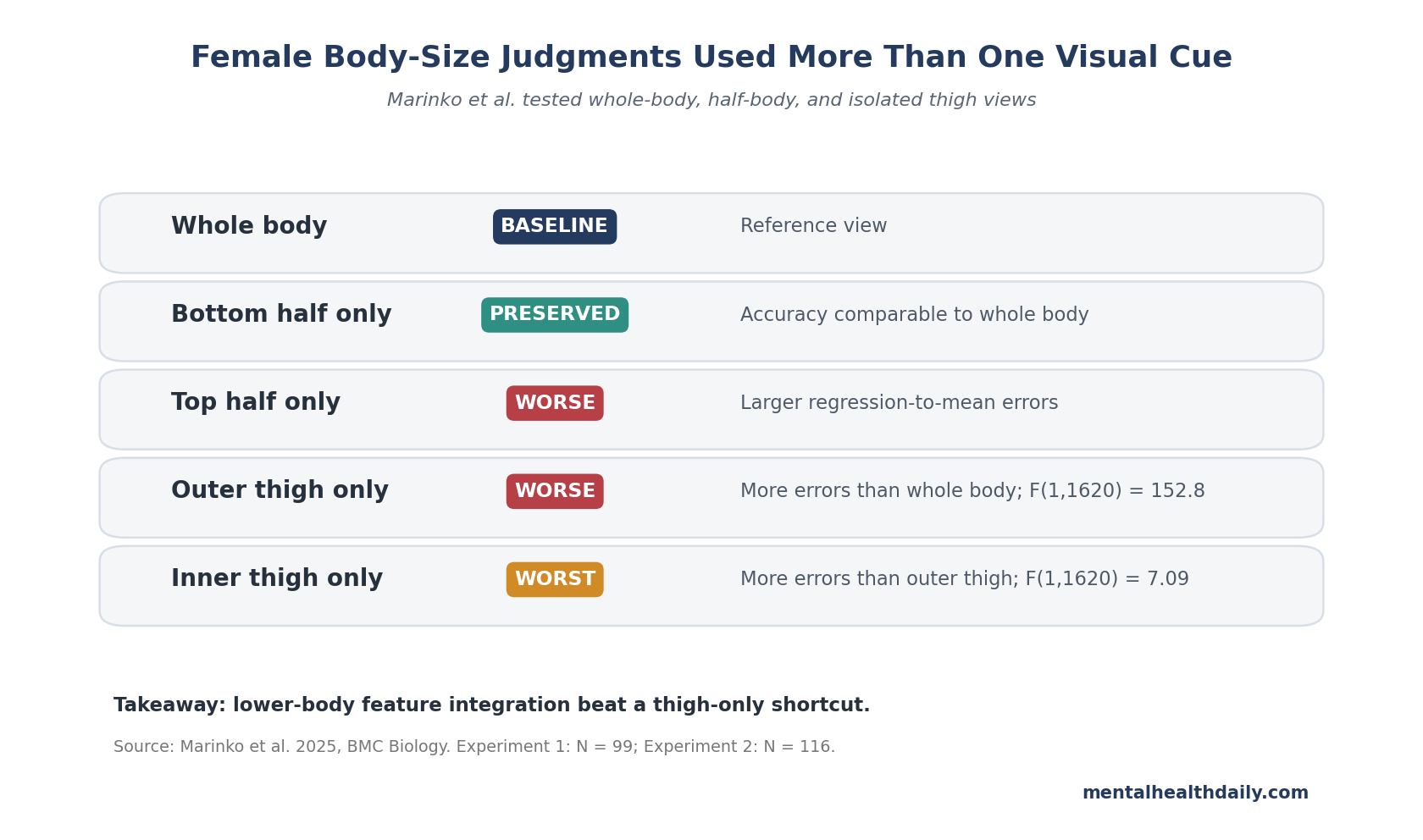 Evidence-status chart showing that bottom-half body views preserved female body-size judgment accuracy, while top-half and isolated thigh views increased errors