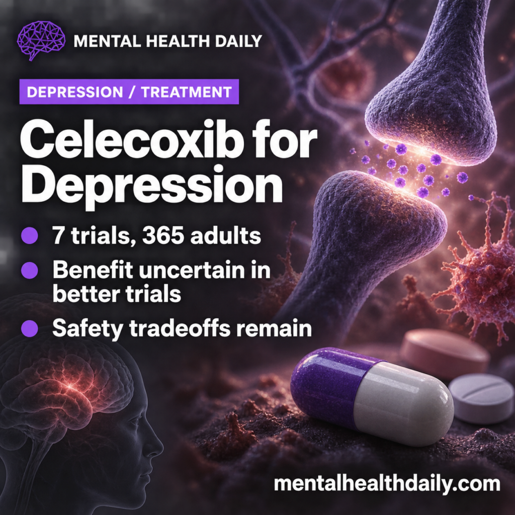 MHD editorial card about celecoxib as an antidepressant add-on, showing a violet brain emblem, category tag, and three plain-language study takeaways.
