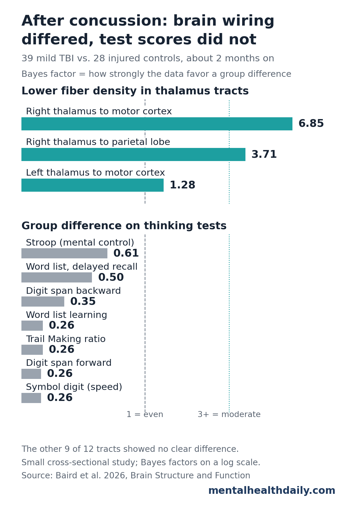 Bar chart from a 2026 study of 39 adults with concussion and 28 injured controls about 2 months after injury. Bayes factors for lower fiber density were 6.85 for the right thalamus-to-motor-cortex tract, 3.71 for the right thalamus-to-parietal tract and 1.28 for the left thalamus-to-motor-cortex tract. Bayes factors for group differences on 7 thinking tests ranged from 0.26 to 0.61, all in the range favoring no difference or unclear.