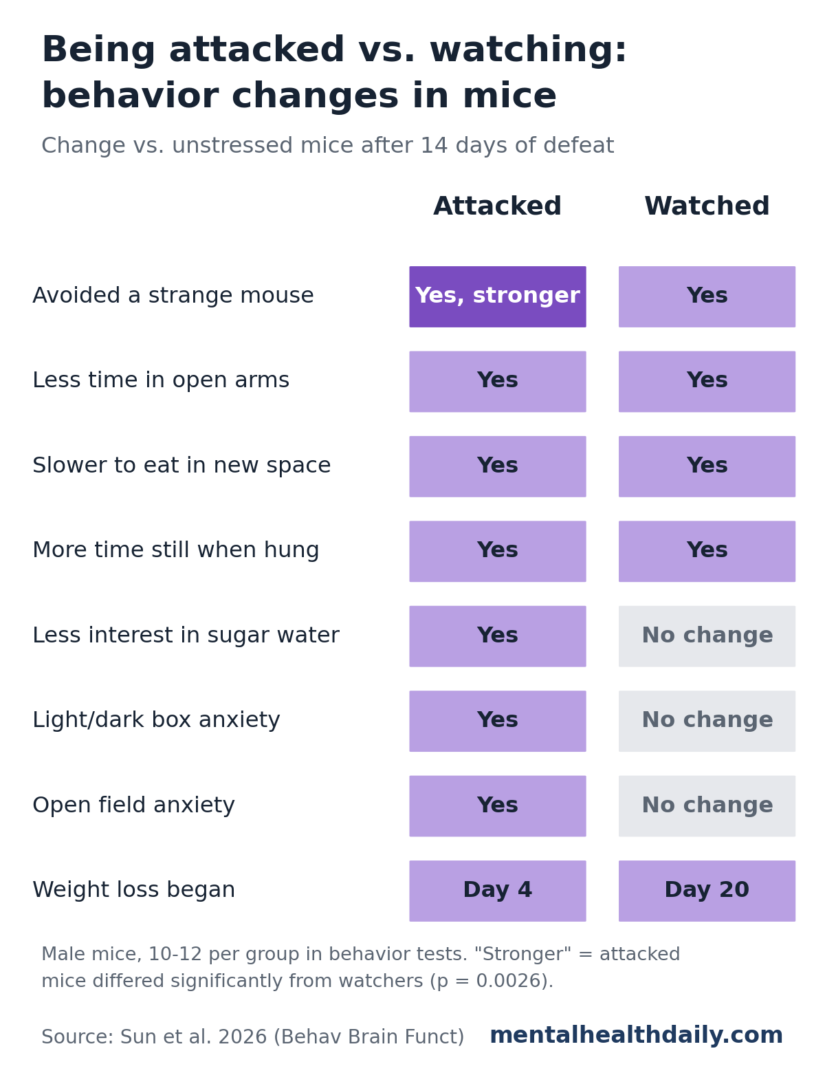 Table comparing attacked and witness mice after 14 days of social defeat. Both groups avoided a strange mouse, spent less time in open maze arms, were slower to eat in a new space and stayed still longer when hung by the tail; attacked mice avoided the strange mouse more. Only attacked mice lost interest in sugar water and showed anxiety in light/dark box and open field tests. Weight loss began on day 4 in attacked mice and day 20 in witnesses.