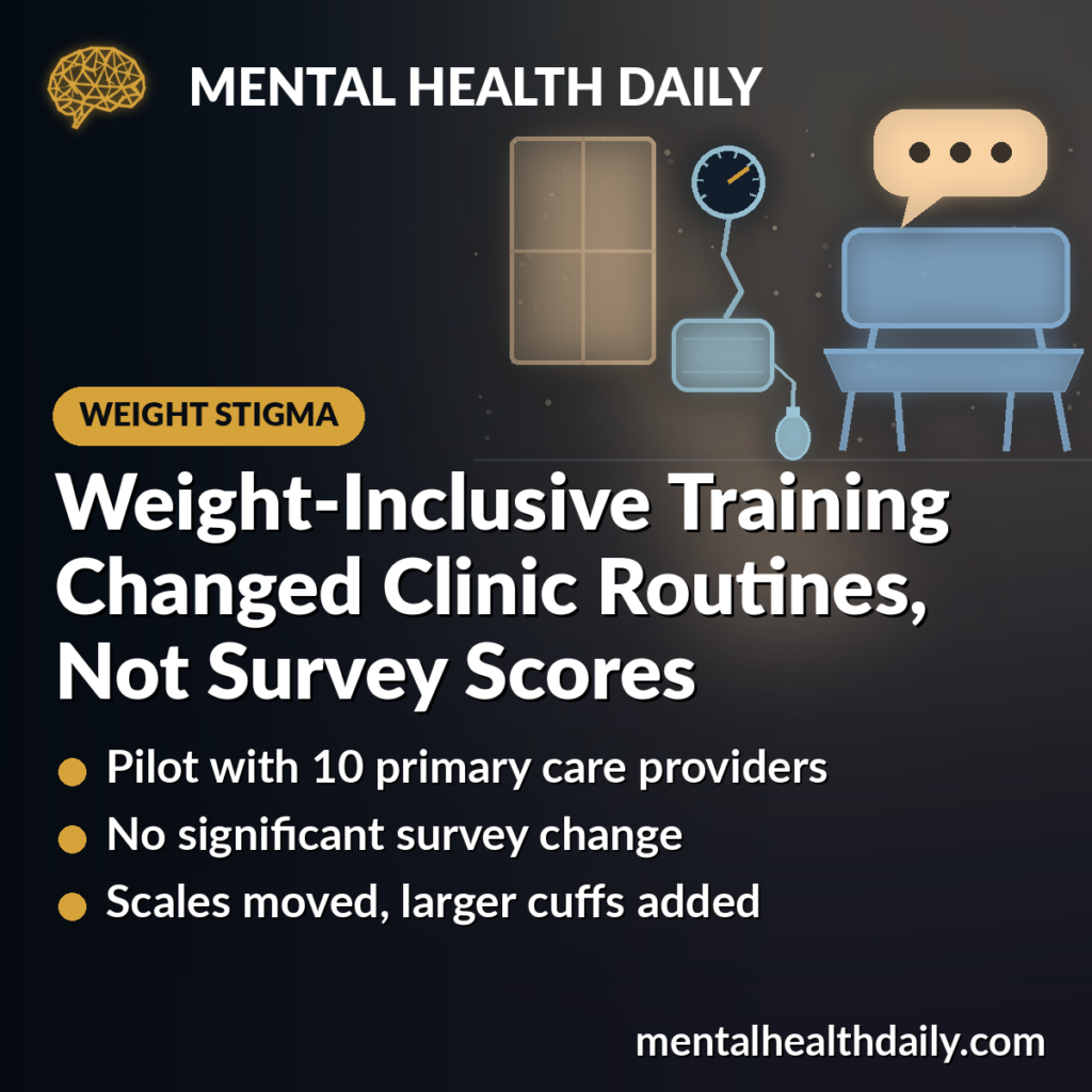 MHD card showing a softly lit clinic exam room with a wide armless chair, a wall-mounted blood pressure gauge with a large cuff, and a speech bubble, illustrating a pilot study in which weight-inclusive care training changed clinic routines but not providers' survey scores.