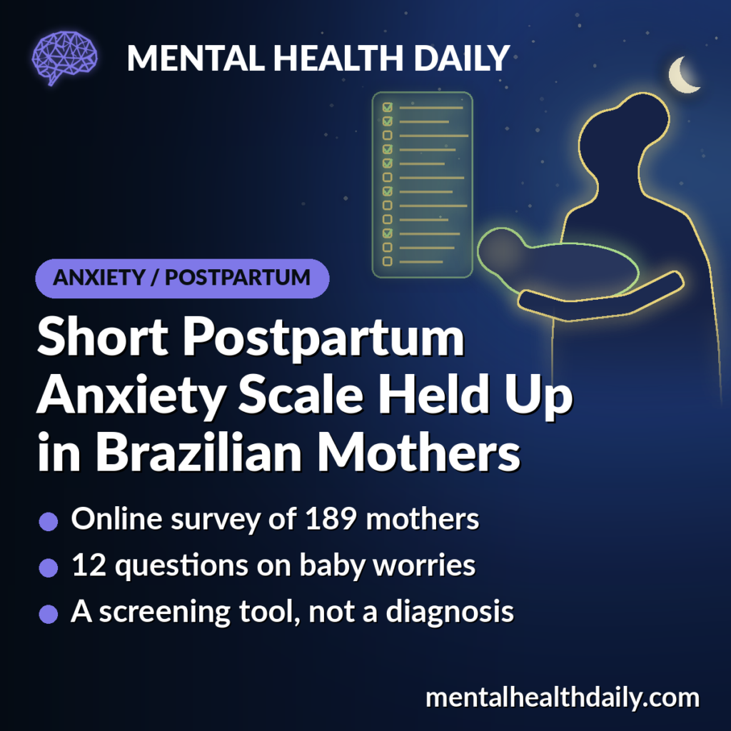MHD card showing a night-blue silhouette of a mother cradling a swaddled baby, outlined in green-gold light, beside a glowing 12-line checklist under a crescent moon, illustrating a short postpartum anxiety questionnaire tested in Brazilian mothers.